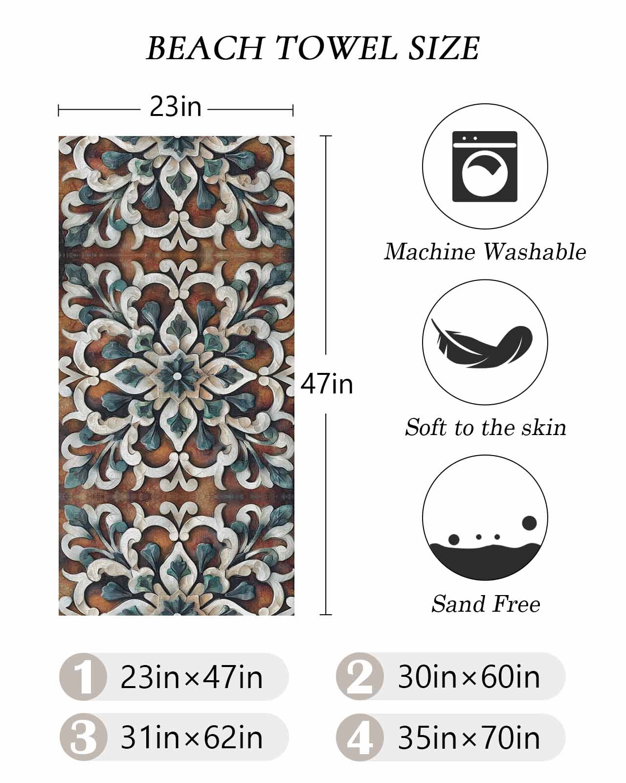 Brown Teal Boho Beach Towels Oversized Super Absorbent, Ethnic Rustic Abstract Flowers Lightweight Bath Towel Quick Dry Sets For Bathroom/Pool/Rv Camping/Beach Play/Gym Room/Picnic 23"x47"