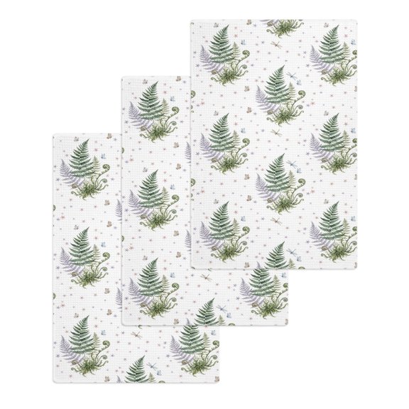 Fern Leaves Rustic Kitchen Dish Towels for Drying Dishes Set of 3, Farmhouse Pastoral Botanical Grass Waffle Weave Microfiber Hand Tea Bathroom Towels Quick Dry & Absorbent Towel 15.7x23.6