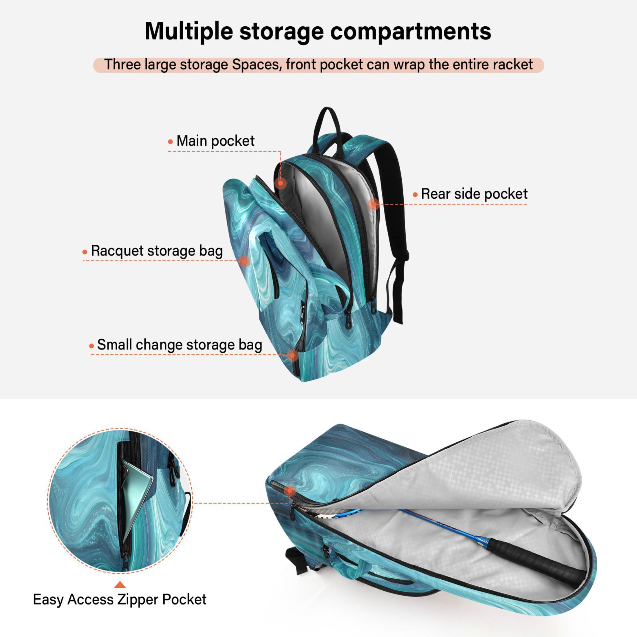 2 Racquet Holder Tennis Backpack Tennis Racket Covers Gym Bags Dark Blue Ocean Waves