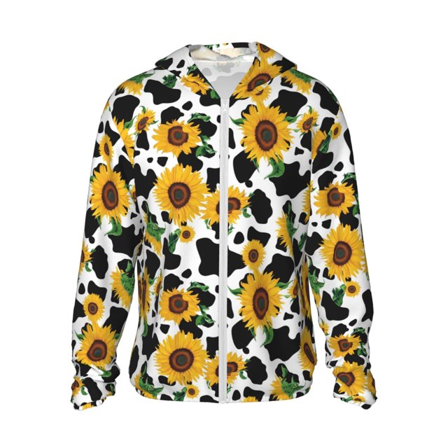Balery Cute Cow Print Sunflower D Sudadera ligera de manga larga con capucha y protección solar UPF 50+ para hombre y mujer, ideal para pesca y running-X-Large