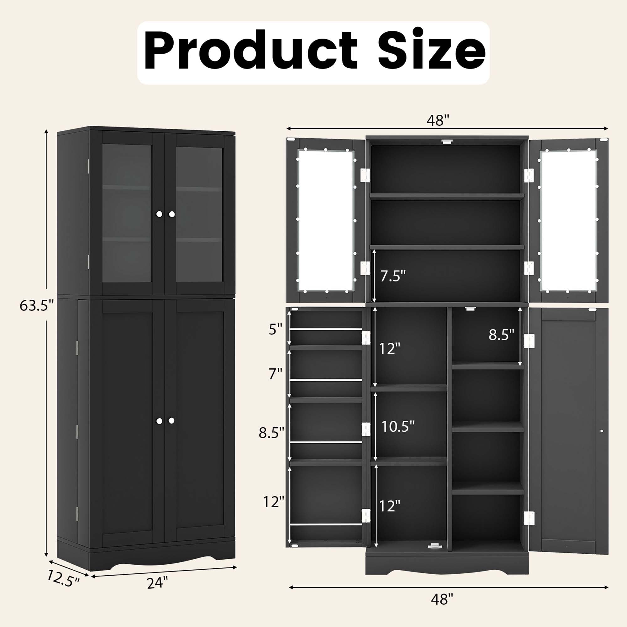 Costway 63.5" Tall Kitchen Pantry Storage Cabinet with Glass Door Storage Shelves Black