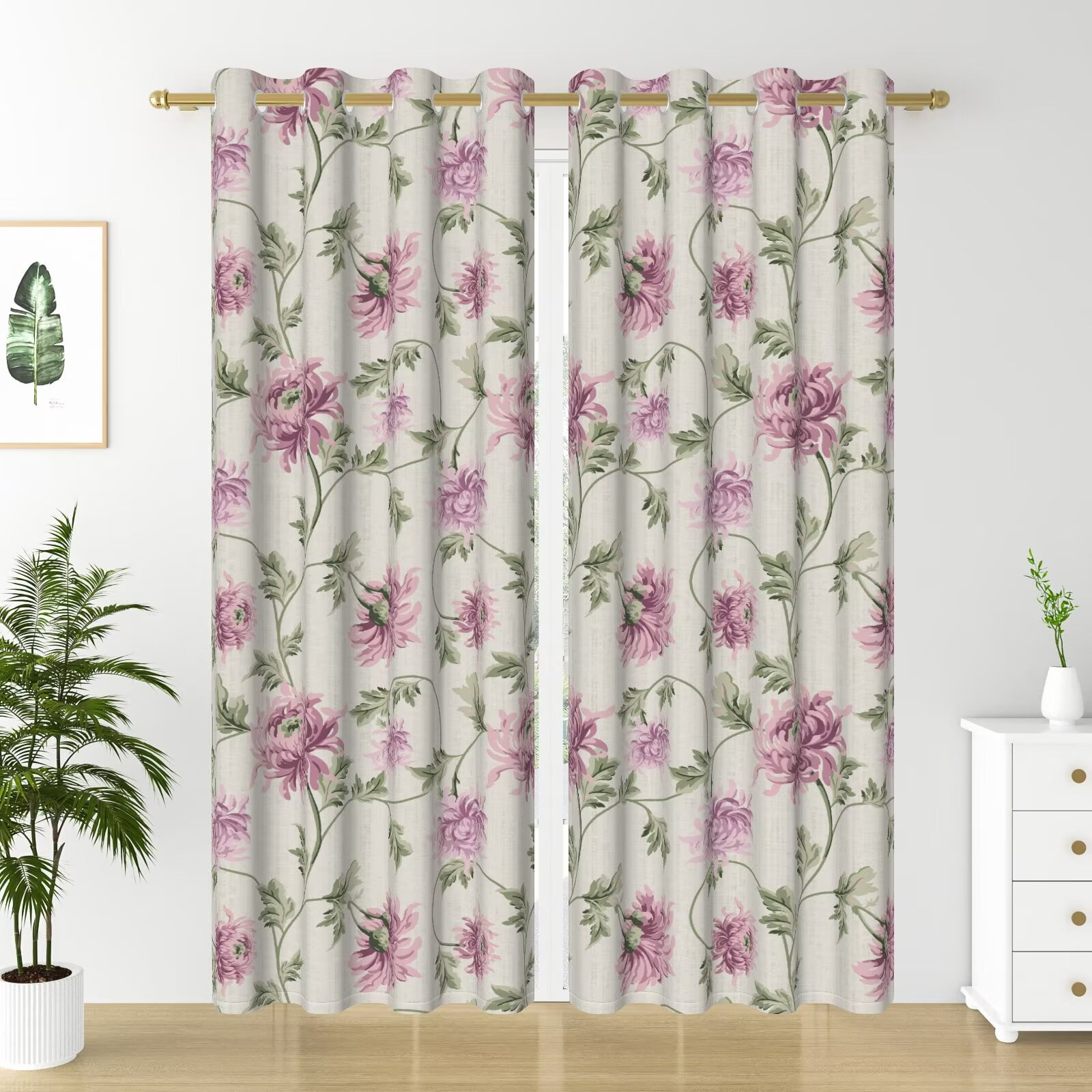 Nanqianyi Pink Floral Blackout Curtains, Linen Texture Vine Grommet Drapes for Living Room Bedroom, 2 Panels, 52"W x 84"L