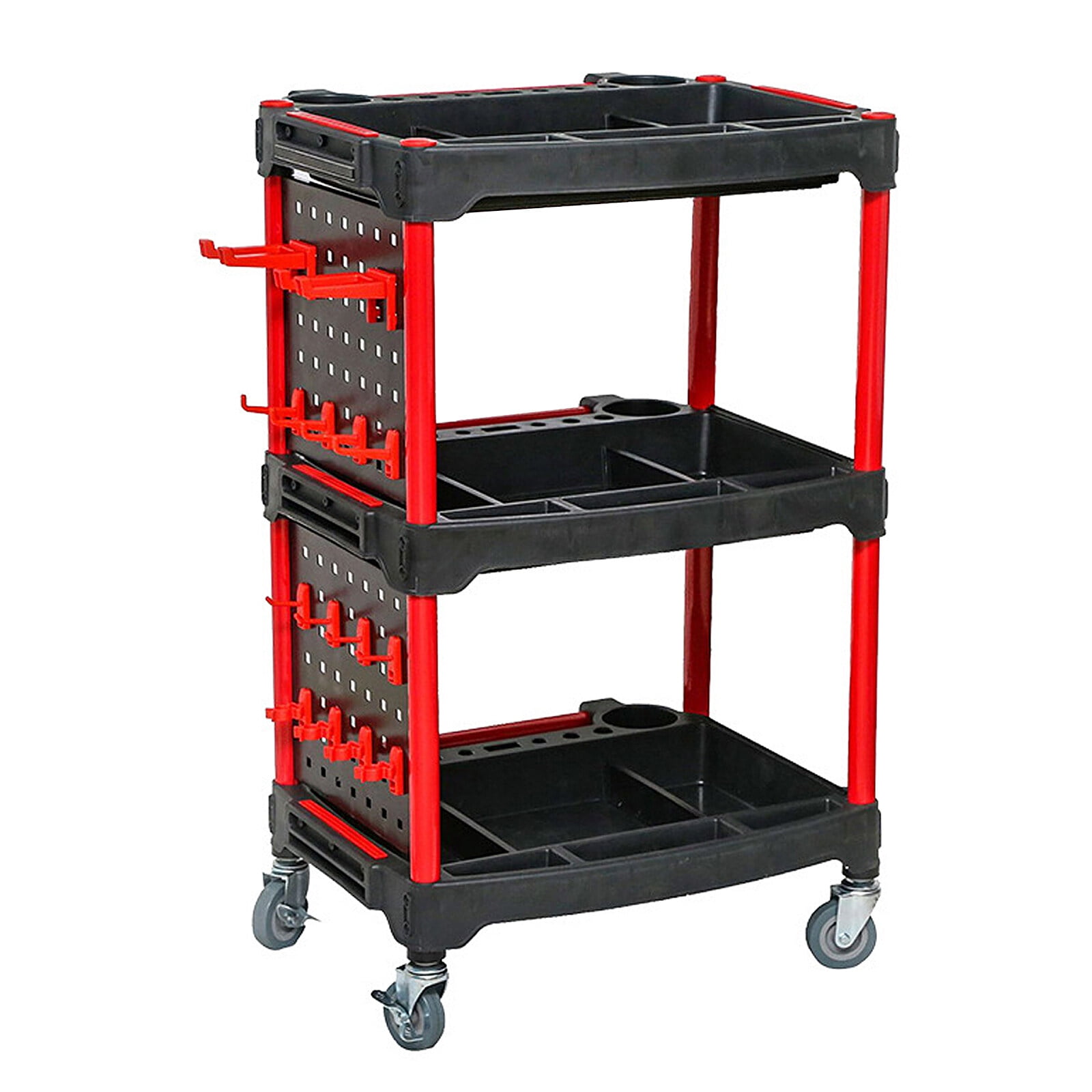 Car Wash Detail Trolley Three-tier Tool Cart Utility Carts Trolley Plastic 3-Shelf Detailing Supplies Tool Cart (Black and Red)