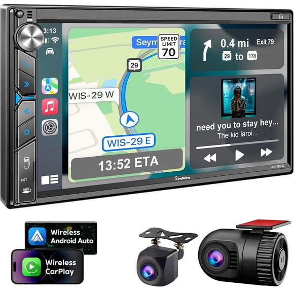 Estéreo para automóvil de doble DIN con cámara de tablero - Control por voz Carplay, Android Auto, controles en el volante, pantalla táctil HD de 7", cámara de respaldo, Bluetooth, Mirror Link, subwoo