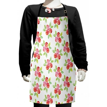 

Floral Kids Apron Hand Drawn Watercolor Painting of Roses and Leaves Boys Girls Apron Bib with Adjustable Ties for Cooking Baking Painting Coral Lime Green by Ambesonne
