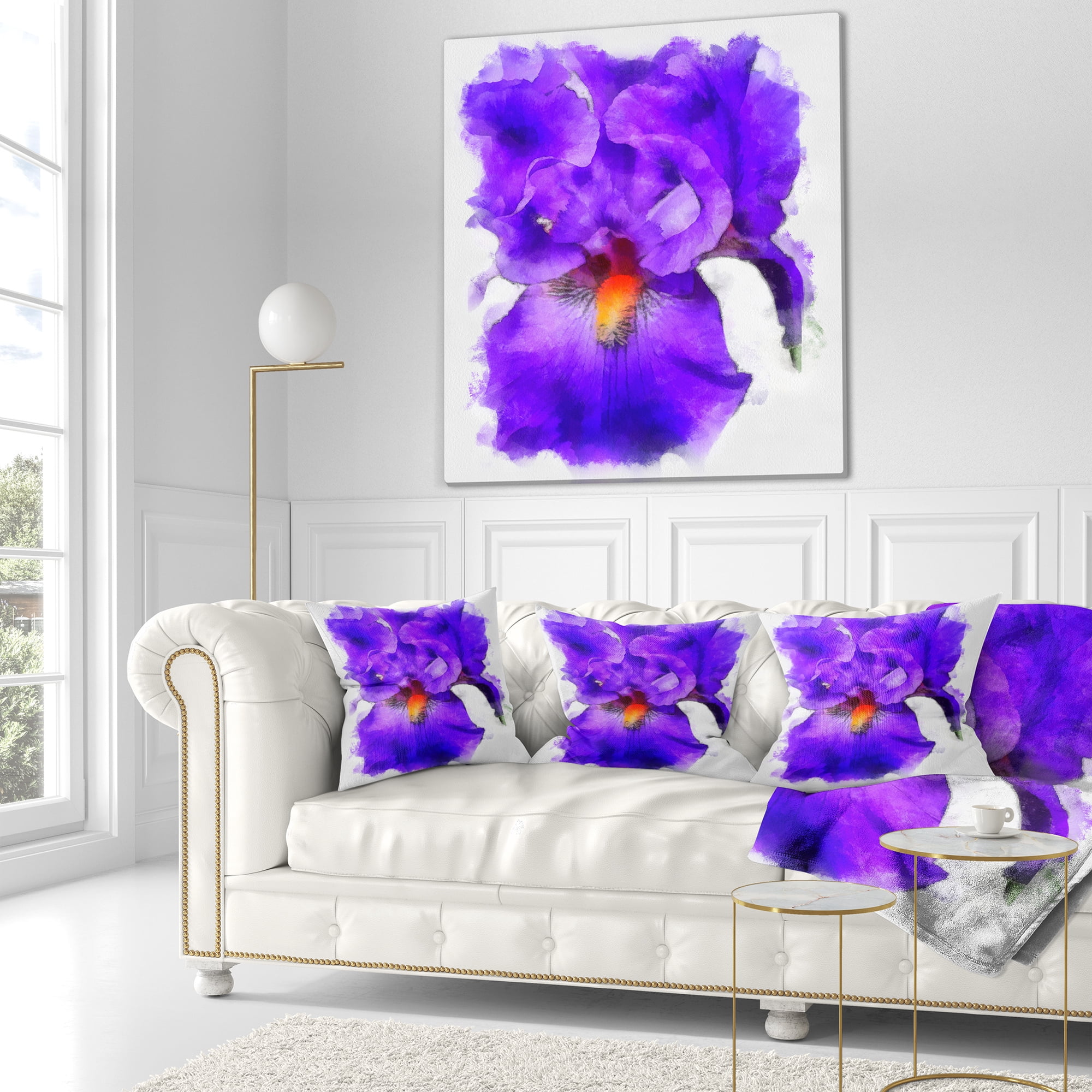 Designart Blue Iris Flower Sketch Watercolor - Floral Throw Pillow - 18x18