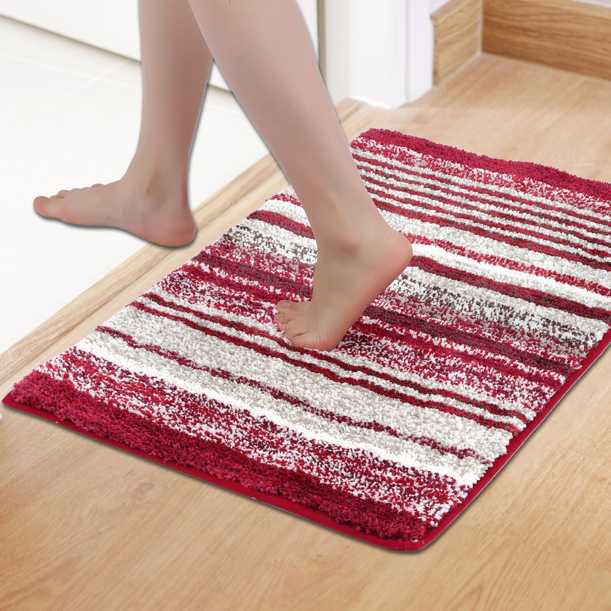 Unique Bargains 2 Pcs Striped Room Mat Quick Dry Rugs Red 20" x 32"