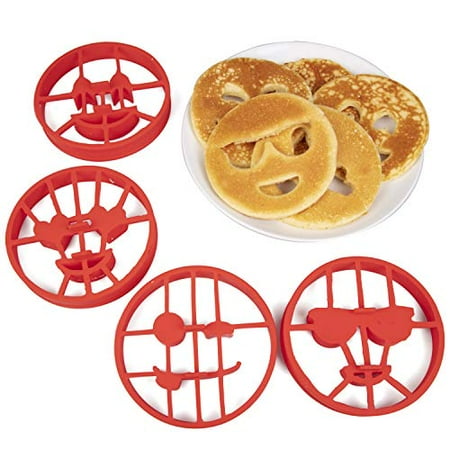 Food Presentation Rings Emoji Pancake Molds and Egg Rings - 4 Piece Reusable Silicone Smiley Face Maker Doubles as Cookie Maker Set- FDA Approved, BPA Free, Food Safe, Heat Resistant Silicone ()