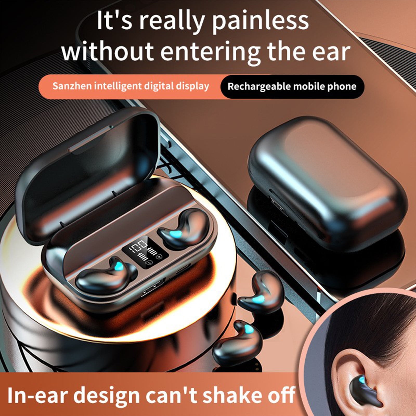 Bluetooth Earbuds Invisible Sleep Bluetooth Earbuds, Mini Tiny Discreet Hidden Headphones with LED Display and Charging Case(Black)