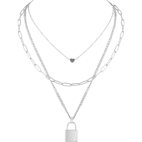 Gothic Silver-Tone, Black Layered Heart Lock Necklace, Emo Grunge Punk Necklace, Goth Jewelry, Halloween Christmas Jewelry Gift For Women