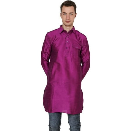 

Royal Kurta Mens Cotton Silk Classic Collar Long Pathani Kurta Purple