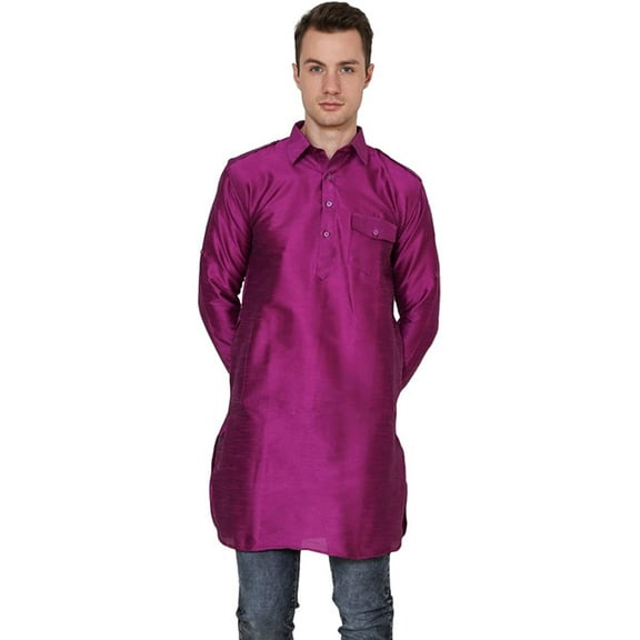 Royal Kurta Mens Cotton Silk Classic Collar Long Pathani Kurta Purple