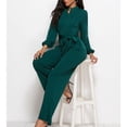 thumbnail image 4 of Wide Leg, Long Sleeved, Crewneck, Pockets, Single Breasted, Dark Green, Formal Wear, Women's Size L High Waist Tied Jumpsuit Bienvenido, 4 of 6