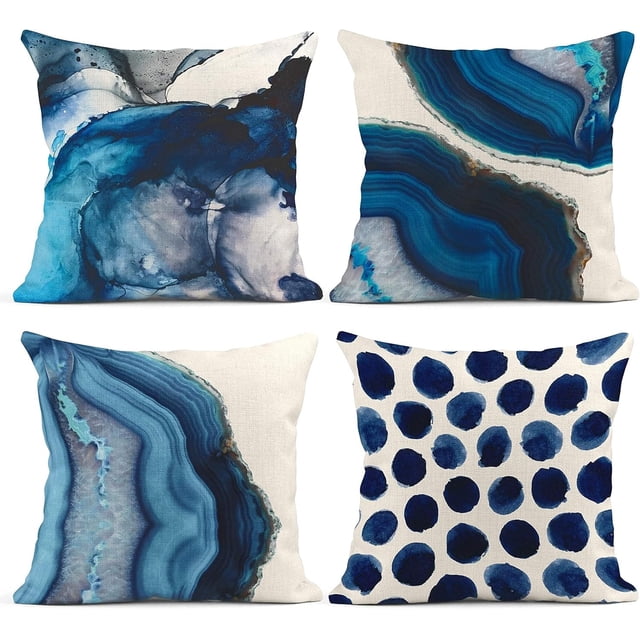 Juego de 4 fundas de almohada con lunares de mármol azul marino, textura del mar, cojín de lino y algodón, fundas de almohada cuadradas para sofá y dormitorio de 18x18 pulgadas