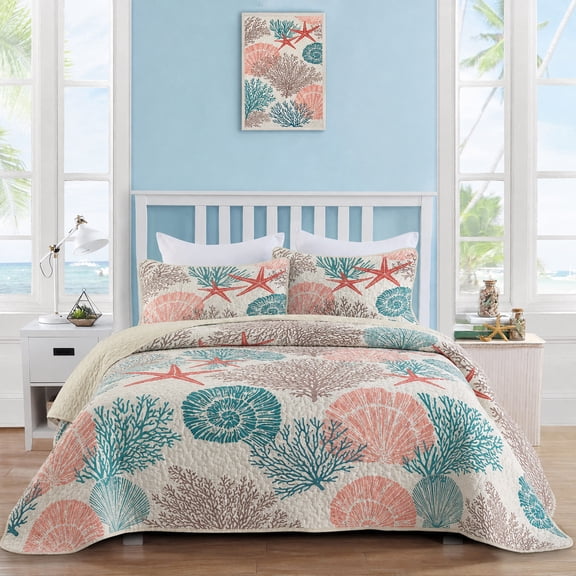 Davulos Coral & Starfish Bedspreads for Queen Size Beds, 3-Piece Coastal Quilt Set Soft Lightweight Beach Bedding Nautical Coverlet Summer Comforter Set for Bedroom Decor