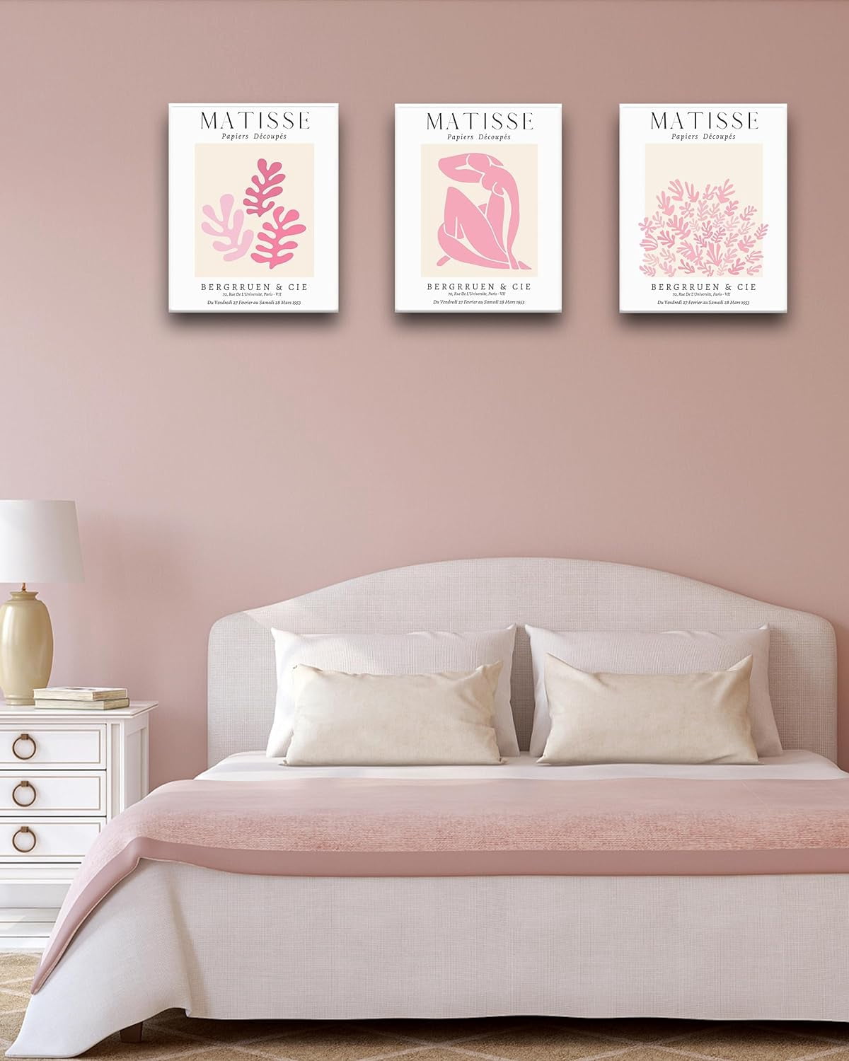 Framed Matisse Pink Wall Art Set of 3,Minimalist Canvas Wall Decor,Truly Quality Canvas Prints for 12x16IN,Art Poster Decoration for Bathroom,Bedroom