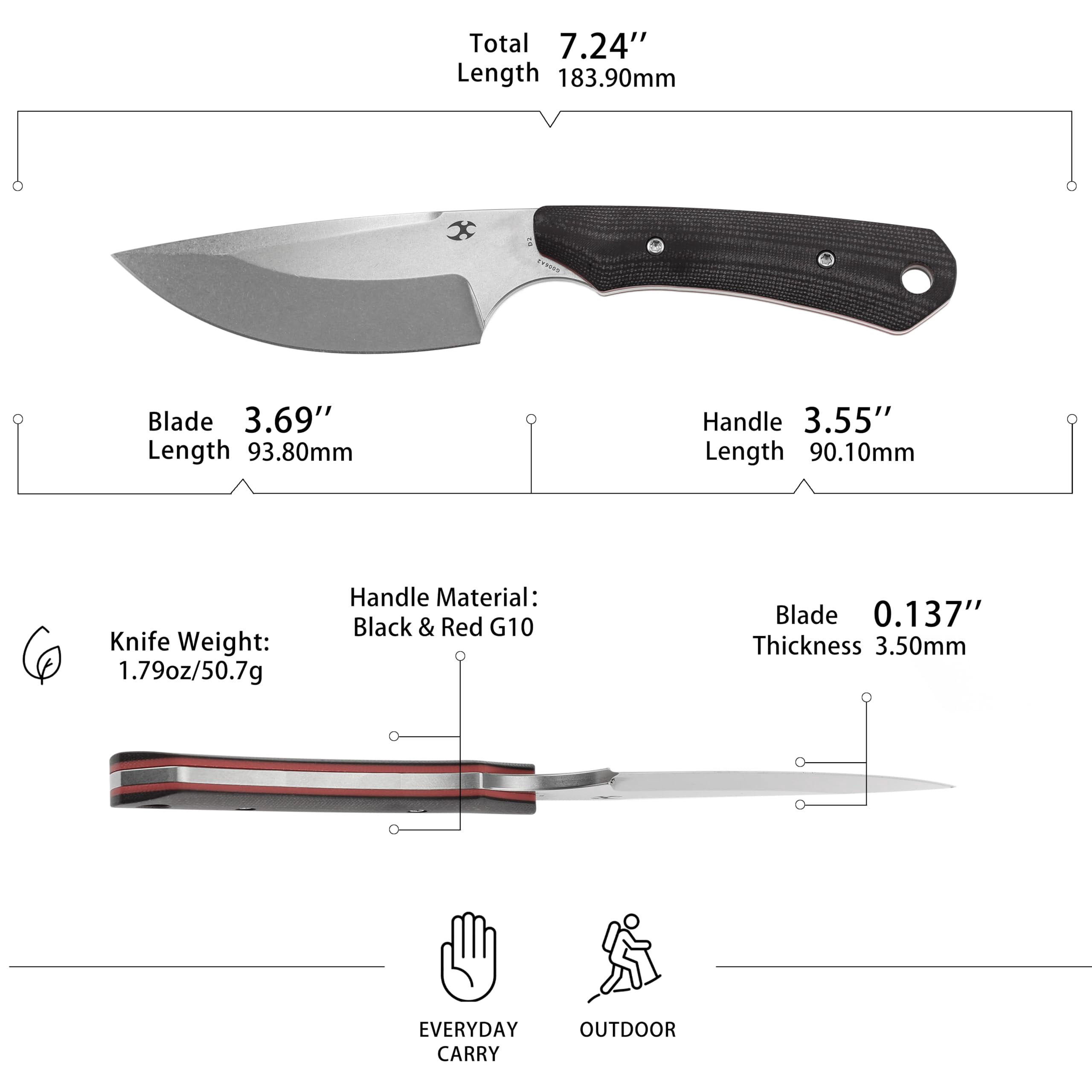 Kansept Flank Fixed Blade Knife,3.69'' D2 Steel Black and Red G10 Handle Pocket Tactical Knives, G006A2,with sheaths