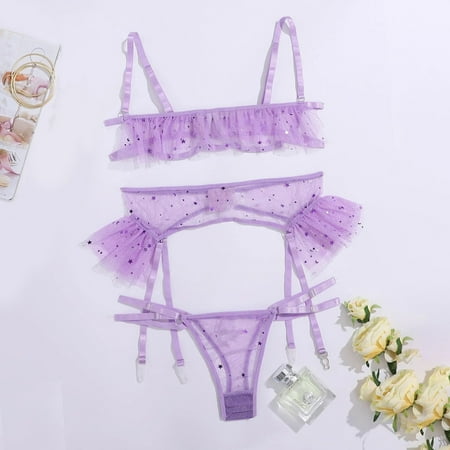 

RPVATI Women s See Through Sexy 3 Piece Lingerie Set with Garter Belt Sheer Mesh Print Bodysuit