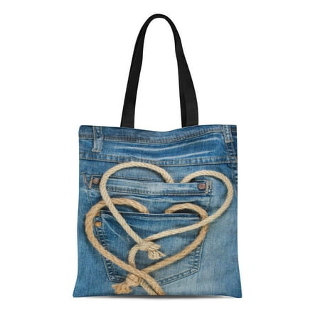 Blue Canvas Tote - SIDONKU Canvas Tote Bag Blue Cowboy Valentine Hearts Shaped Rope on Denim Jeans Reusable Shoulder Grocery Shopping Bags Handbag