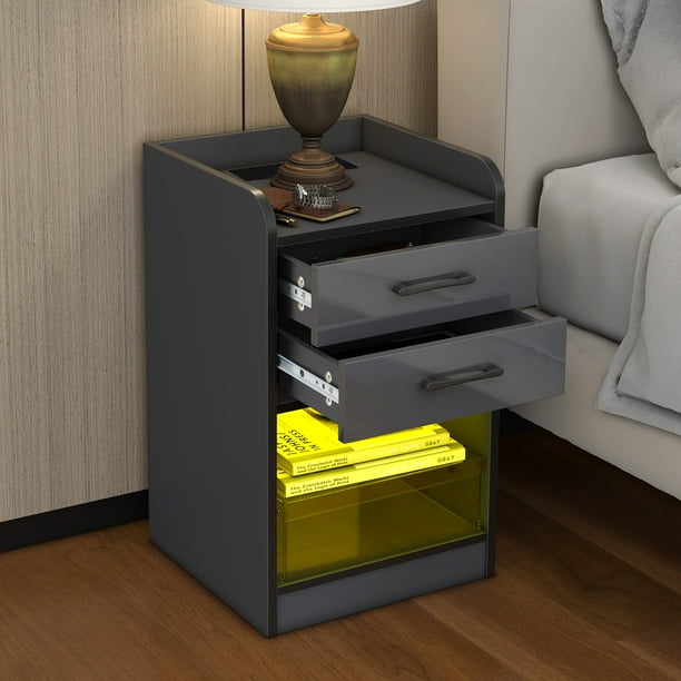 paproos Gray Nightstand with Charging Station, Modern High Gloss Night
