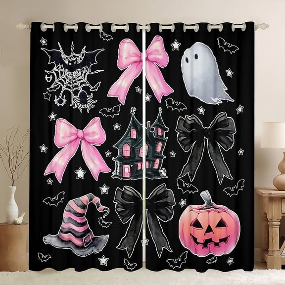 Feelyou Halloween Pumpkin Black Out Curtains, Black Pink Bowknot Bow Curtains Pack of 2 (42x63 Each), Gothic Princess Castle Bedroom Curtains, Living Room Curtains Decor
