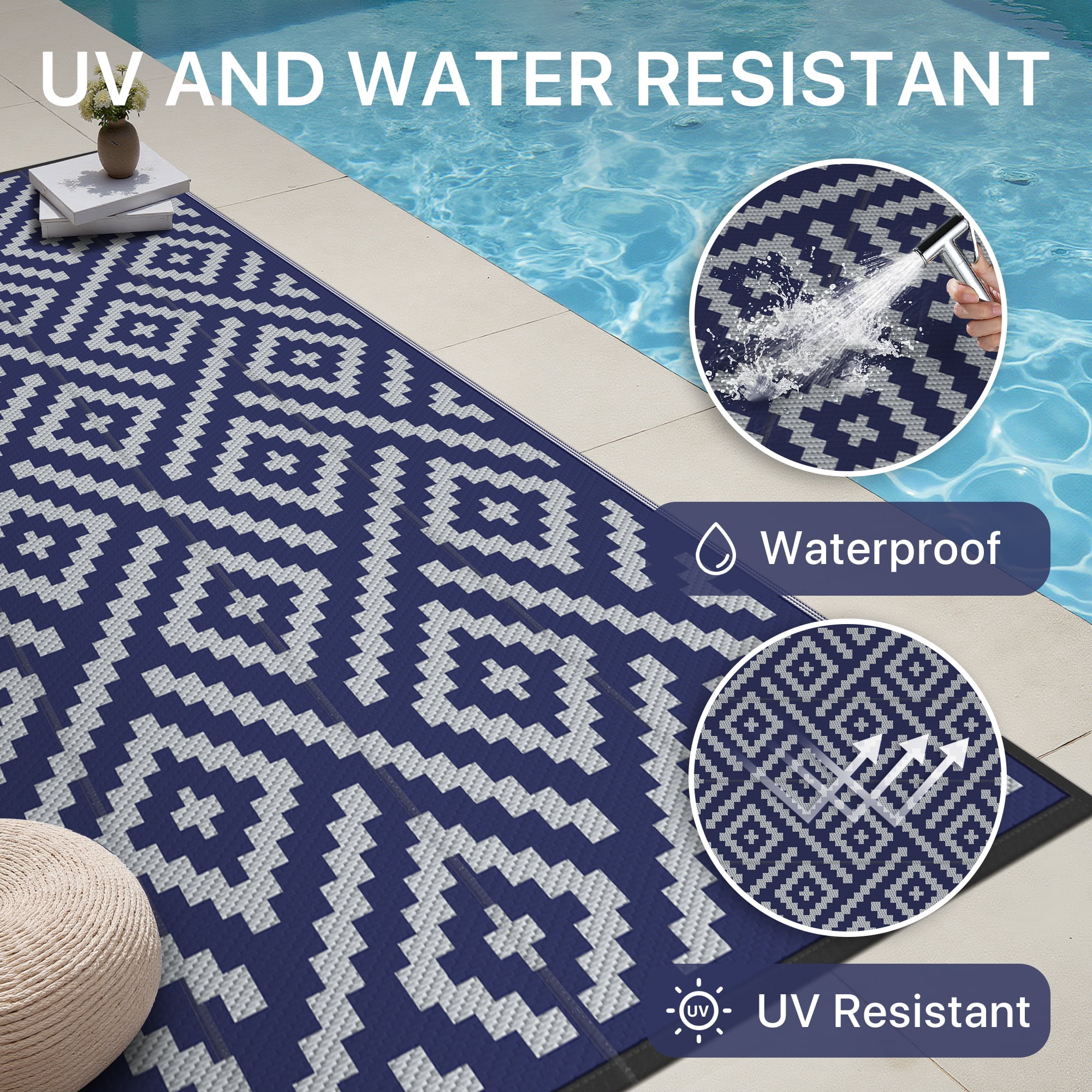 DEORAB Outdoor Rugs Waterproof Plastic Straw Mat 9'x12' Reversible for RV Patio Deck Beach Blue & Grey
