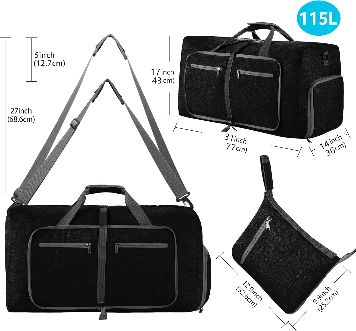 Ht Viik 65L/85L Foldable Travel Duffle Bag, Lightweight Checked Luggage with Shoe Compartment, Water-Resistant Weekender Overnight Bag for Men & Women