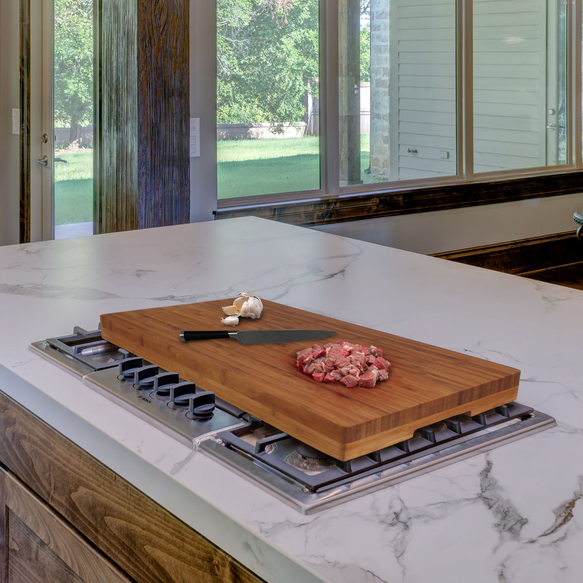 BambooMN Bamboo Range Burner Cover Cutting Board, New Vertical Cut, Extra Large (24.7"x12"x1.5")