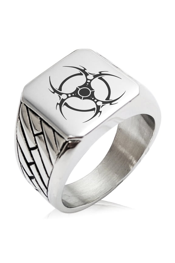 Stainless Steel Tribal Barbed Wire Biohazard Geometric Pattern Biker Style Polished Ring