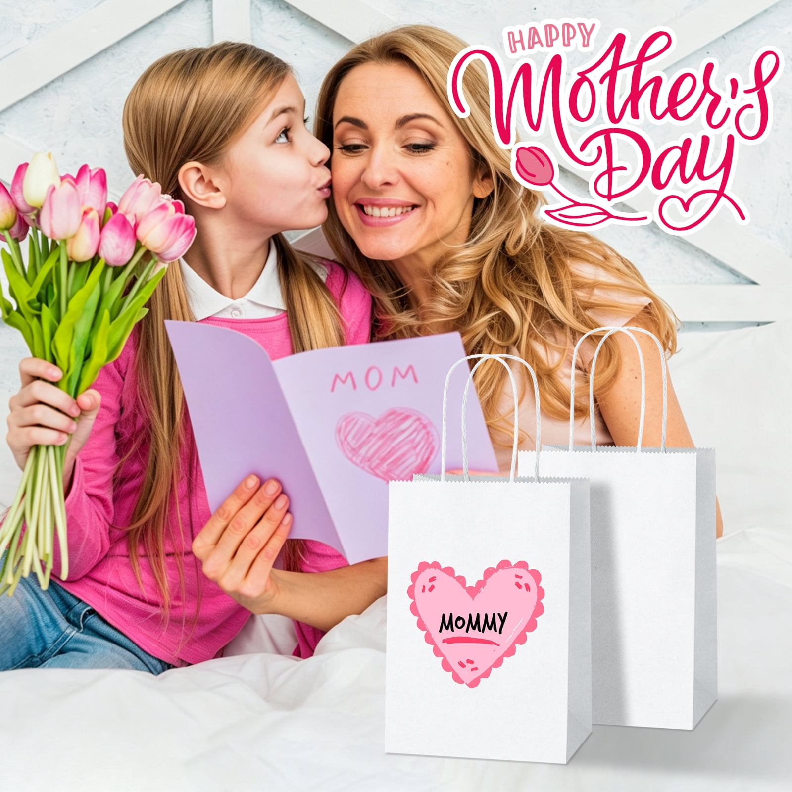 BagDream 100 Pack White Gift Bags with Handle, 5.25x3.75x8" Small Kraft Paper Bags for Mother's Day, Birthday Wedding Party Favors Grocery Retail Business