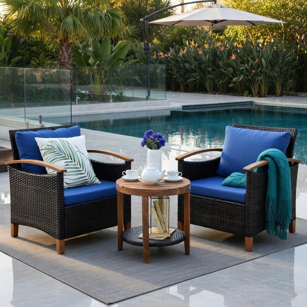 Hommoo 3-Piece Outdoor Rattan Patio Furniture Set with Washable Blue Cushions, Acacia Wood Coffee Table, Blue