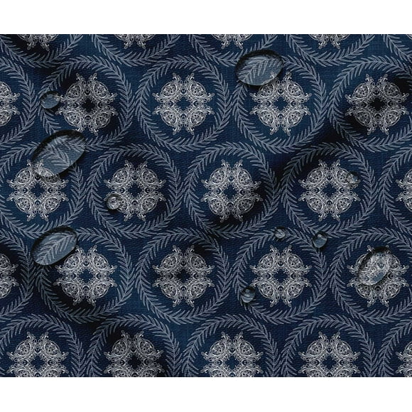 Soimoi 56 Inch Wide Waterproof Taffeta Fabric by The Yard | Blue Block Print | Outdoor Use for Furniture Covers, Umbrellas, Patio Decor & More