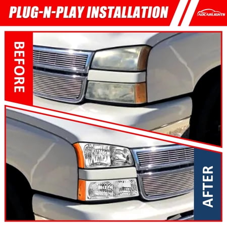 ADCARLIGHTS for 2003 2004 2005 2006 Chevy Silverado Headlight Assembly compatible with 03-06 Silverado Avalanche 1500/2500/3500 Clear Lens Chrome Housing Amber Reflector Headlamp Replacement Pair