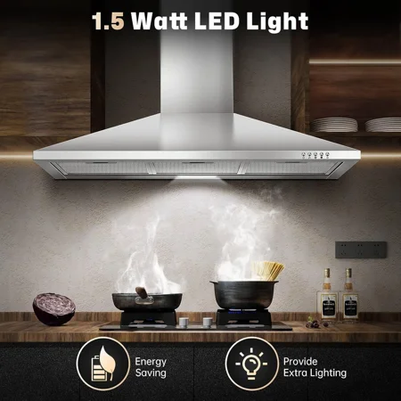 36 Inch Range Hood 450CFM Wall Mount Stainless Steel Kitchen Vent Hood 3-Speed Exhaust Fan Ducted/Ductless Convertible, Chimney-Style Stove Hood, LED Light & Push Button Control