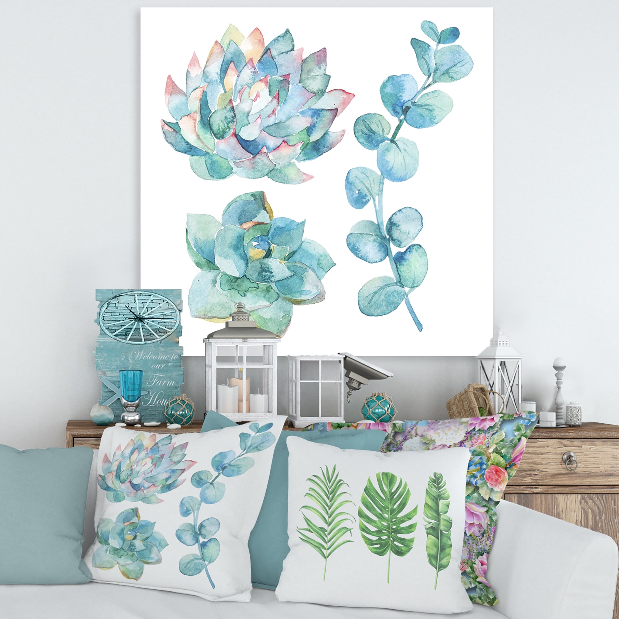 Designart ' Succulents and Eucalyptus Leaves ' Traditional Canvas Wall Art Print