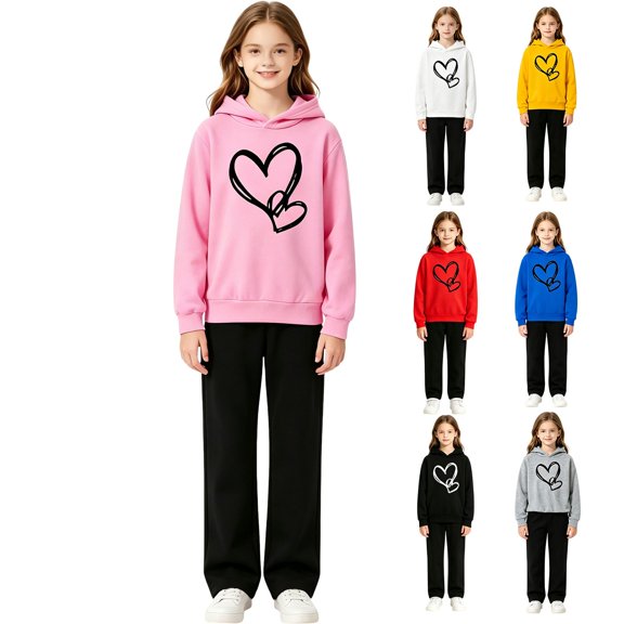 Coerni Girls Boys Graphic 2 Piece Outfits Heart Print Pullover Hoodie Sweatpants Fleece Sweatsuit Fall Winter Clothing Set Tracksuit