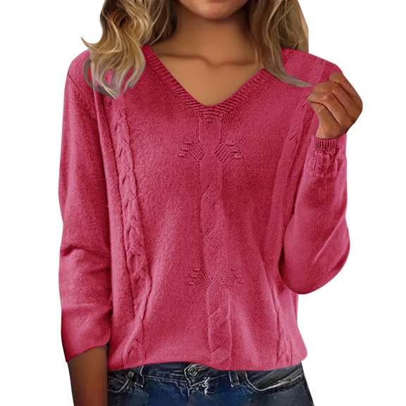 Womens Sweaters Long Sleeve Ribbed Knit Shirts Lightweight Loose Fit Tunic Tops Fall Outfits 2026 V Neck Soft Knit Pullover Tops Dressy Casual Blouses Soft Cozy Going Out Tops(Hot Pink,M)