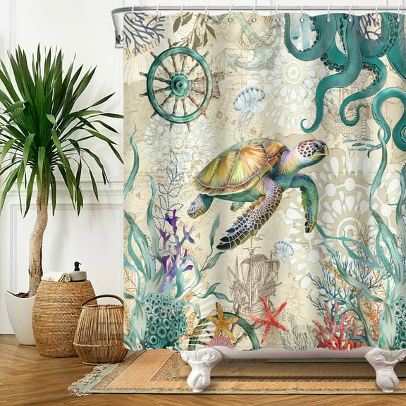 SUNOLIFE Sea Turtle and Octopus Shower Curtain,Nautical Coastal Beach Theme Waterproof Fabric Bathroom Curtain with Hooks,72x72 in