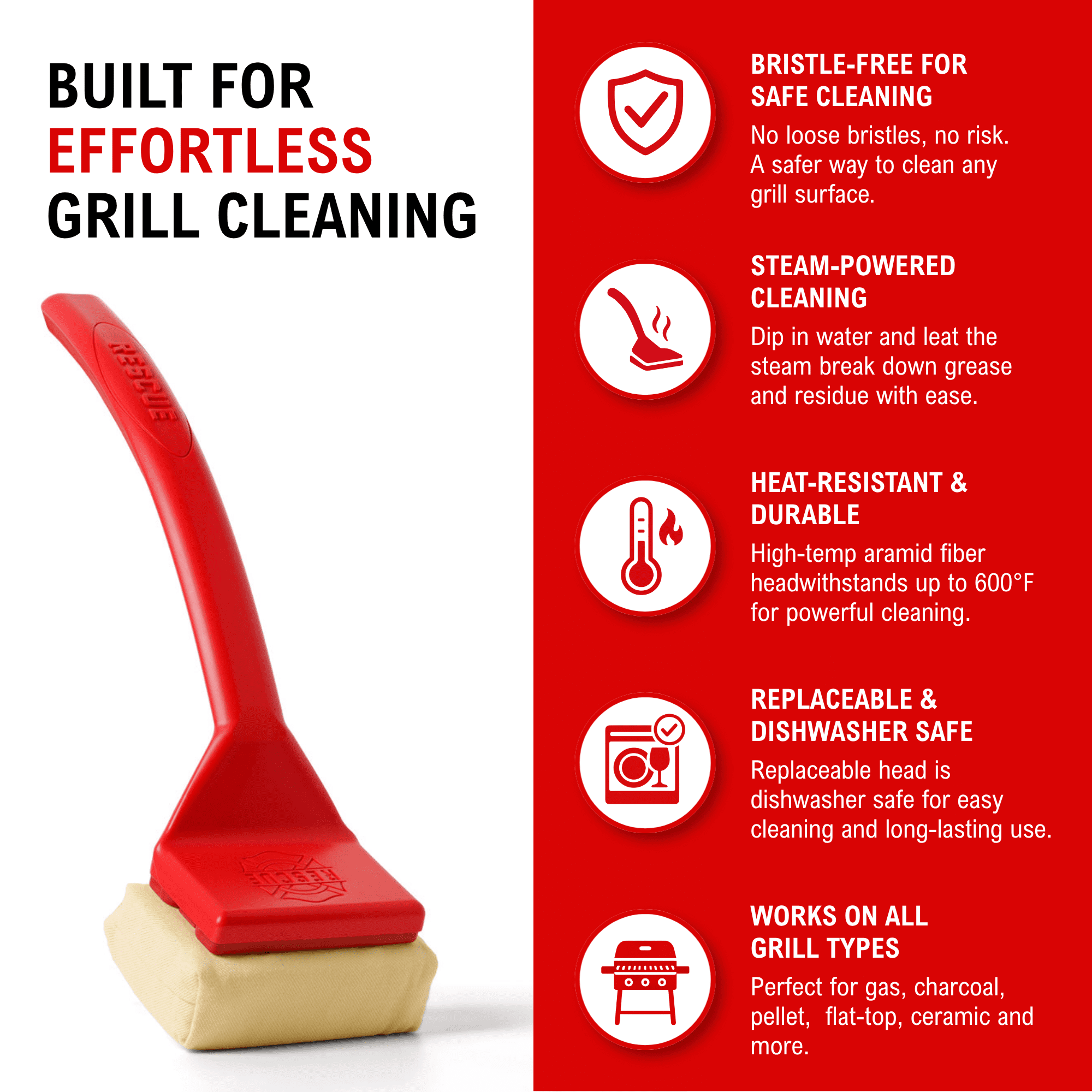 Grill Rescue BBQ Replaceable Scraper Cleaning Head, Bristle Free - Durable and Unique Scraper Tools for Cast Iron or Stainless-Steel Grates, Barbecue Cleaner