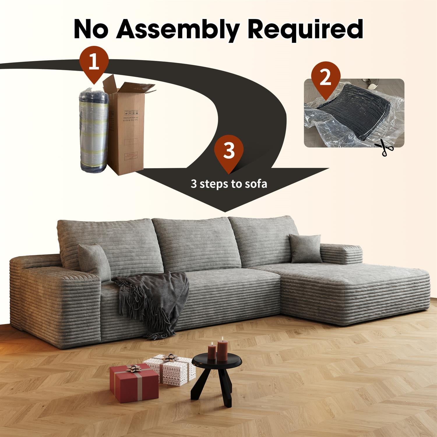 Demi Bonn Modern 107" Cloud Sectional Sofa, L-Shape Chaise, Deep Seat Modular Couch for Living Room & Bedroom, No Assembly Needed, Gray