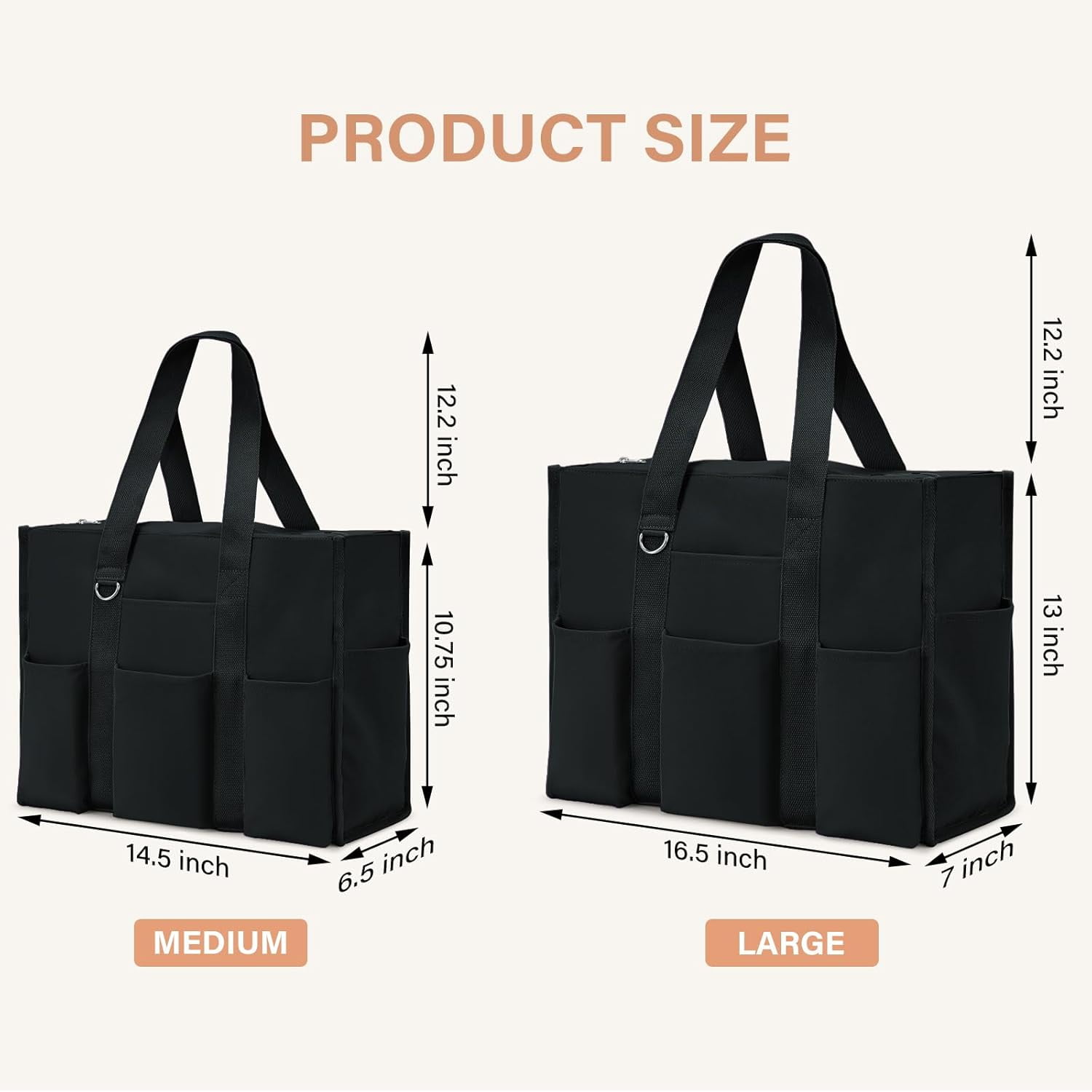 Omlopp Large Tote Bag for Women Waterproof with 12 Pockets Top Zipper Closure Utility Teacher Nurse Bags for Work School-Black-Large