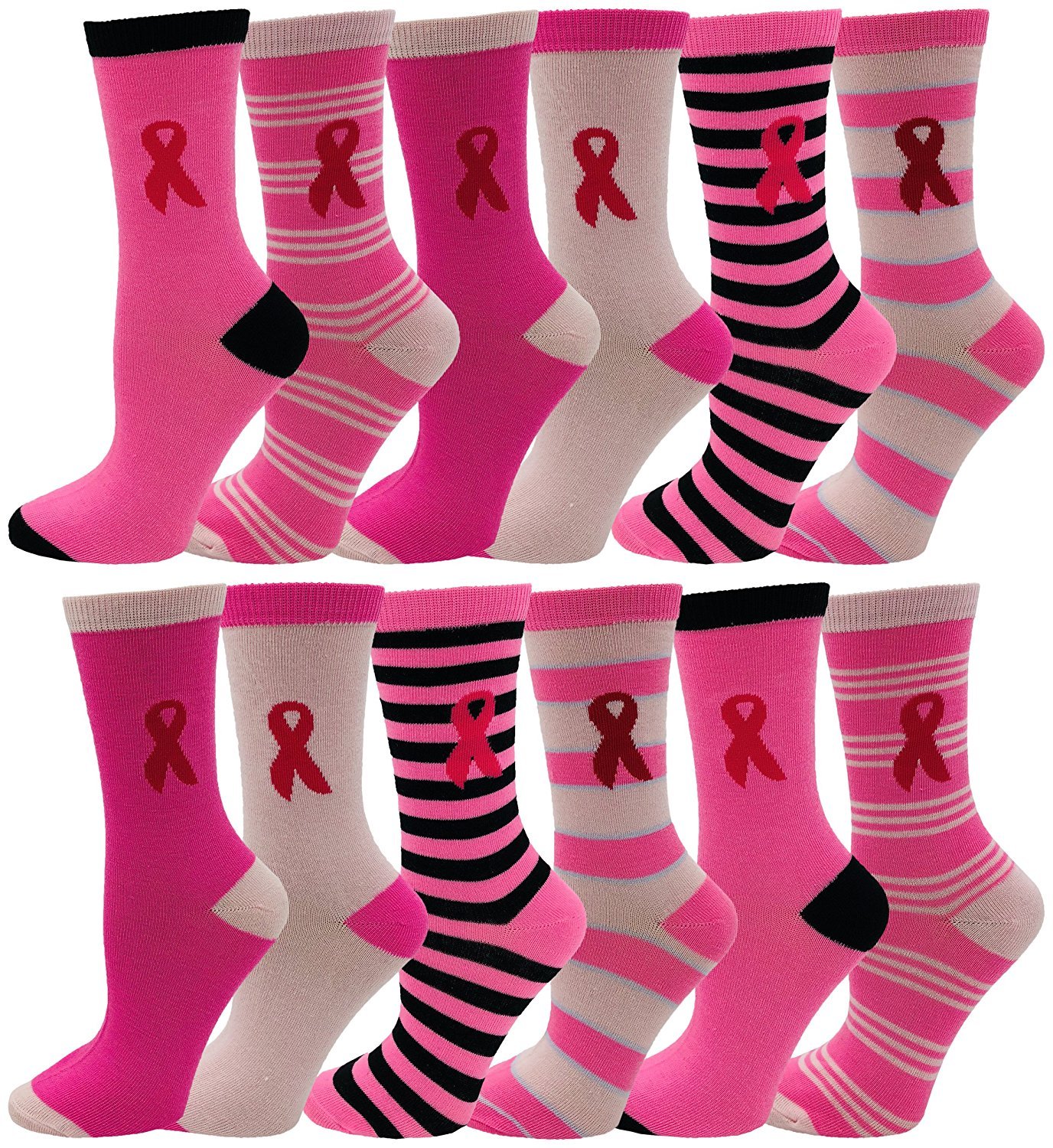 12 Pairs of Womens Breast Cancer Awareness Socks, Pink Ribbon Soft