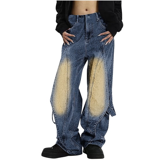 YanHoo Barrel Jeans for Women Wide Leg Mid Waist Denim Pants Teens Y2k Baggy Streetwear Loose Stretchy Boyfriend Jeans with Pockets Blue,S