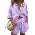 thumbnail image 2 of Rdhnmea Womens 2 Pieces Outfit Summer Cotton Linen Half Sleeve Lapel T-Shirt Tops+Drawstring Shorts Casual Clothes Set, 2 of 4