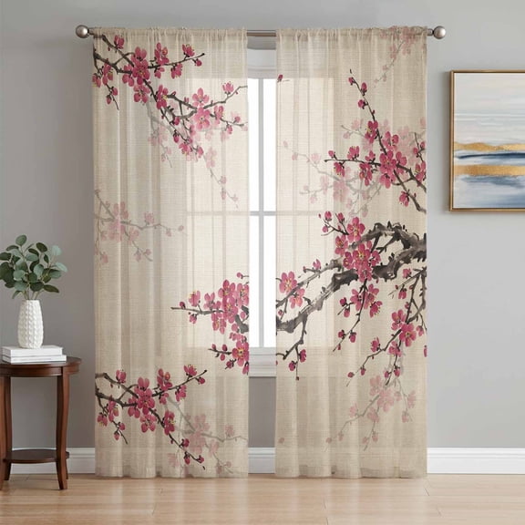 Spring Cherry Sheer Curtains 96 Inch Length 2 Panels Set, Vintage Red Flowers Branches Ink Painting Beige Voile Window Treatment Semi Sheer Long Curtains for Bedroom/Living Room/Kitchen 52"x96"x2