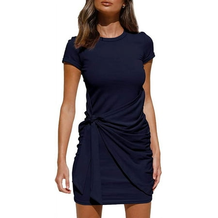 Women's T-Shirt Dress Casual Long Sleeve Tie Waist Round Neck Bodycon Dress  Ruched Stretch Knot Solid Color Loose Mini Tank Dress