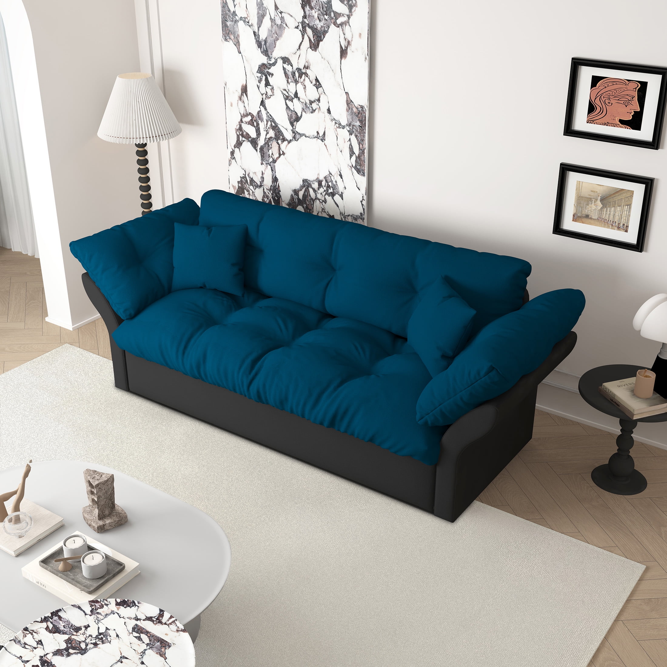 Aukfa 74.8" Queen Pull Out Sofa Bed, Convertible Loveseat Sleeper Sofa Couch with 2 Pillows, Tufted, Blue