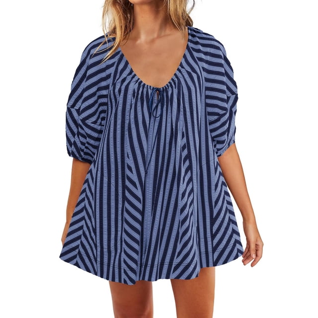 cfhntfmh Oversized Rompers for Women Fashion Striped Scoop Neck Back Keyhole Short Jumpsuit Flowy Half Sleeve Summer Outfits