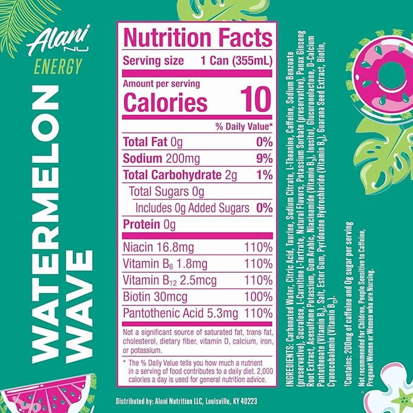 Alani Nu Sugar Free Energy Drink, Watermelon Wave, 12 fl oz, 12 Pack, Cans, 200mg Caffeine