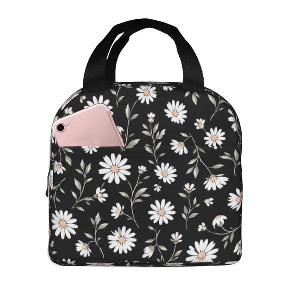 Black Daisy Floral Lunch Bag Reusable Thermal Lunch Box with Handle for Women and Men
